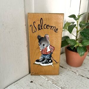 Vintage Welcome Sign Mouse Wearing Converse Chuck Taylor High tops Wood Plaque